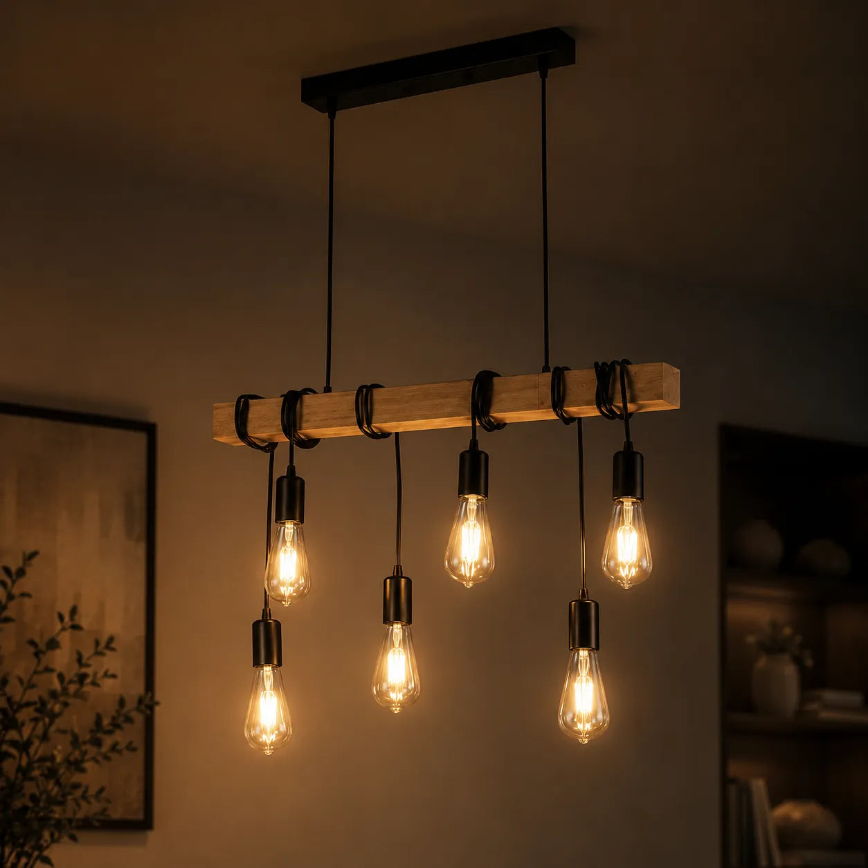 LoftBar – Lampadario Industrial in Legno e Metallo a 6 Luci