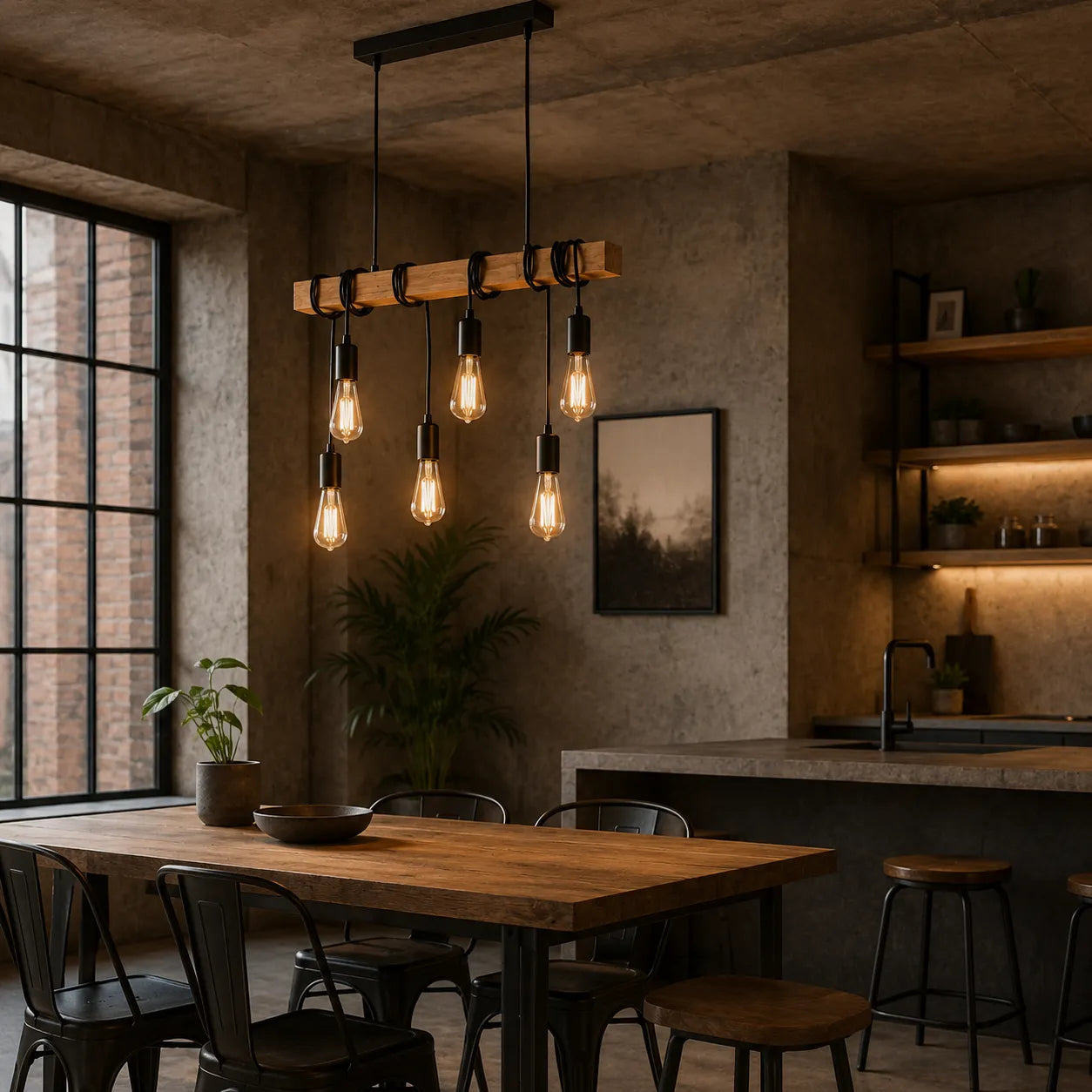LoftBar – Lampadario Industrial in Legno e Metallo a 6 Luci